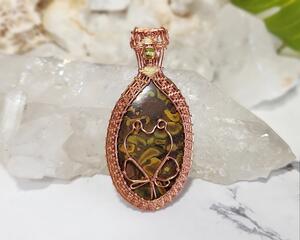 Copper Wire Wrapped Fruit Jasper and Peridot Frog Pendant
