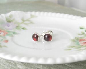 Simple gemstone stud earrings, 6mm round smooth red garnet gemstone set in 999 fine silver bezel cup, 925 sterling silver post and butterfly earnut