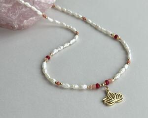 Rice pearl and fuchsia necklace with gold lotus flower pendant