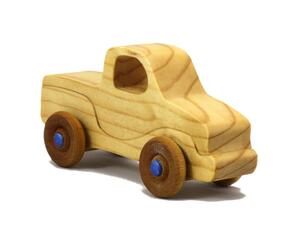 Handmade wooden toy pickup truck finished with a blend of mineral oil and beeswax and painted with metallic sapphire blue trim.