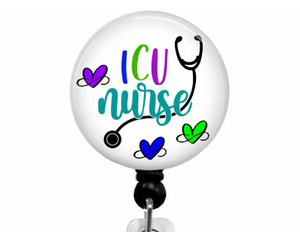 ICU Nurse on black badge reel