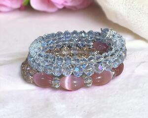 Pink and crystal glass beads on memory wire bracelet.