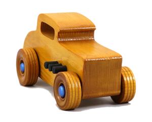 Handmade wooden toy car hot rod 32 deuce coupe with an amber shellac finish and metallic sapphire blue and black trim. Perfect for kids or adults.