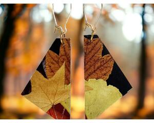 Autumn leaves fabric and wood dangle earrings