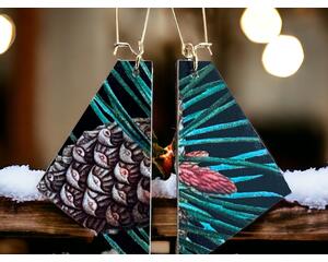 Pine dangle earrings - wood and fabric - maker design studio
