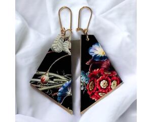 Floral dangle earrings - wood and fabric by Madera Design Studio