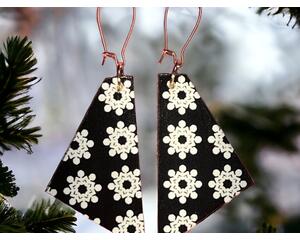 Snowflake Earrings - Black and white pattern on wood. Lightweight and hypoallergenic. Madera Design Studio 