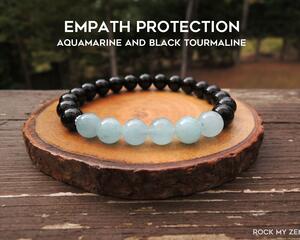 Empath Protection Aquamarine and Black Tourmaline Elastic Bracelet by Rock My Zen