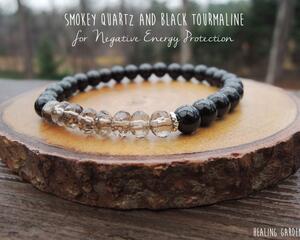 Dainty 6mm Smokey Quartz and Black Tourmaline Elastic Beaded Bracelet by Rock My Zen