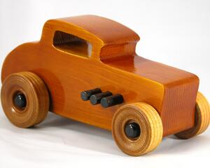 Handmade Wood Toy Car Hot Rod 32 Deuce Coupe Finished with Amber Shellac and Black Acrylic Paint