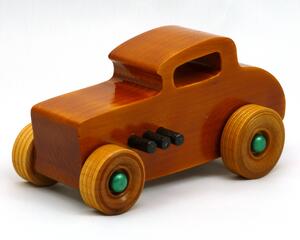 1932 Deuce Coupe Hot Rod Wooden Toy Car, Hand Finished with Amber Shellac and Metallic Emerald Green and Black Acrylic Paint