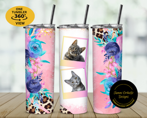 Beautiful flower tumbler with two of your cat or dog's photos.  You can add a photo of your favorite people, items etc. TammiOribelloDesigns