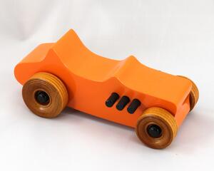 Handmade wooden toy car modeled after a 1927 T-Bucket hot rod. Finished with orange and black acrylic paint and amber shellac