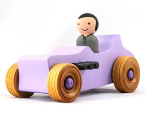 Hand-painted Lavender Wooden Toy Car inspired by the Hot Rod '27 T-Bucket with Metallic Purple and black trim and non-marring Amber Shellac wheels.
