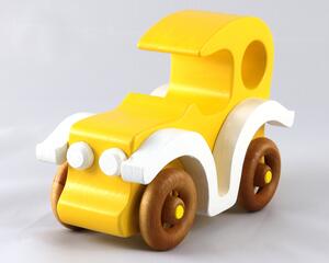 Handmade wooden toy car painted bright yellow with white fenders and non-marring amber shellac-finished spoked wheels, modeled after the classic Model-T Sedan.