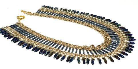 Handmade Gold Blue Bugle Bead Dagger Necklace