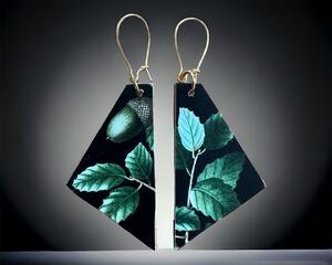 Acorn Earrings. Wood and fabric pattern dangling earrings by Madera Design Studio