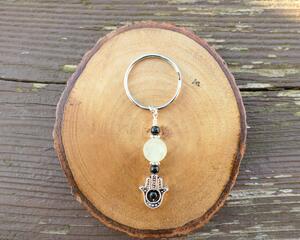 Prehnite and Black Tourmaline Protection Amulet Hamsa Keychain by Rock My Zen