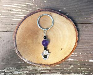 Amethyst and Black Tourmaline Protection Amulet Hamsa Keychain by Rock My Zen