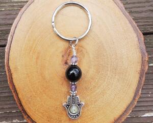 Amethyst and Black Tourmaline Protection Amulet Hamsa Keychain by Rock My Zen