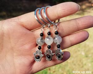Tourmaline Quartz and Black Tourmaline Protection Amulet Hamsa Keychain by Rock My Zen