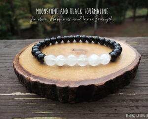6mm Moonstone and Black Tourmaline Elastic Beaded Bracelet by Rock My Zen