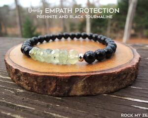 Dainty Empath Protection Prehnite and Black Tourmaline Elastic Bracelet by Rock My Zen