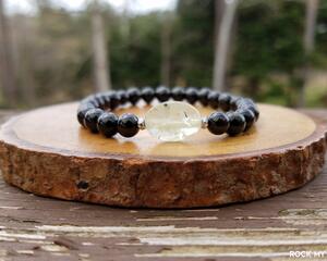 Dainty Empath Protection Oval Prehnite and Black Tourmaline Elastic Bracelet by Rock My Zen