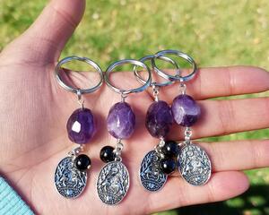Witchy Amethyst and Black Tourmaline Protection Amulet Hamsa Keychain by Rock My Zen