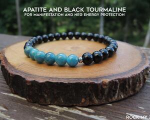 Dainty Apatite and Black Tourmaline  Elastic Beaded Bracelet for Manifestation and Negative Energy Protection by Rock My Zen