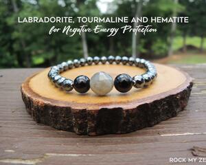 Negative Energy Protection with Tourmaline, Labradorite and Hematite Elastic Beaded Bracelet by Rock My Zen