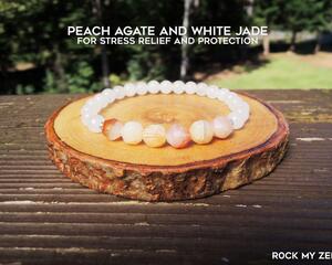 Dainty Peach Agate and White Jade Elastic Beaded Bracelet by Rock My Zen