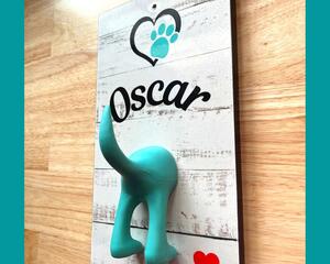 Personalized leash holder for wall with dog butt hook