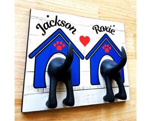 Personalized Leash holder for wall with blue dog houses and dog butt hooks