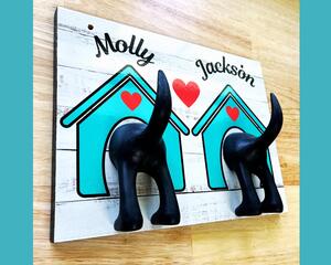 Personalized leash holder for wall with dog butt hook