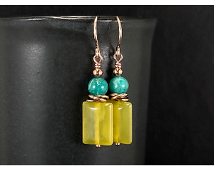 Yellow green serpentine jade, teal amazonite and copper earrings with rose gold filled ear wires.