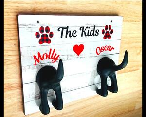 Personalized leash holder for wall with dog butt hook