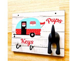 Dog Leash and Key holder with camper theme and dog butt hook.  Great gift for the RV Owner
