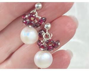 White button pearl earrings topped with a cluster of red garnet wire wrapped beads in sterling silver by MariesGems.