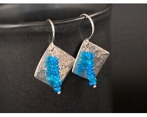 Hammered sterling silver diamonds with stack of bright blue apatite beads by MariesGems.