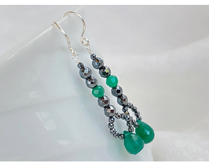 Faceted green onyx and faceted hematite earrings in sterling silver by MariesGems.