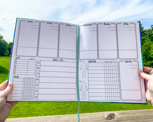 The large print symptom journal is shown open. It has 6 boxes at the top and 1 below on the right, each is a day of the week. The boxes take up half the page vertically they have a line towards the bottom. Bottom left are sleep, meds, and a what I ate sections divided into writing slots for each day. The med box has space 7 meds and 2 checkboxes per day. The symptom box on the right side has 10 slots. There are 2 body outlines, front and back, to the left of the symptom box.