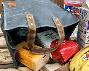 Gray waxed canvas reusable shopping bag with handles, handcrafted by Road Dirt & Pie.