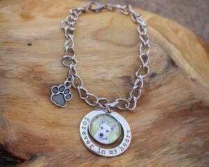 Dog photo charm link bracelet with Forever in my heart and paw print accent charms.