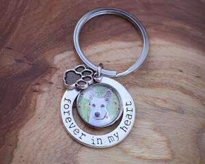 Silver forever in my heart key chain featuring your pet's photo and a paw print accent charm.