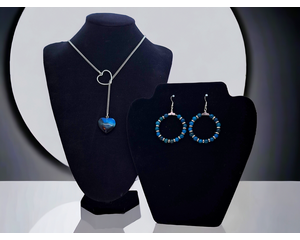 Valentines blue heart lariat necklace with matching long dangles earrings jewelry set.