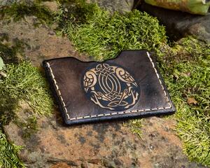 handmade wallet featuring Odin's Ravens Hugin & Muninn from the Norse / Viking in antique black with natural tan stitching