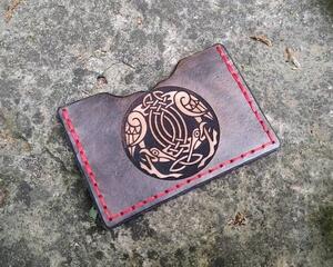 handmade wallet featuring Odin's Ravens Hugin & Muninn from the Norse / Viking in antique black with red stitching