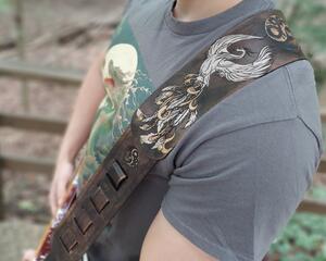 Premium Leather Phoenix & Dragon Guitar Strap, Hand Painted in White and Metallic Gold