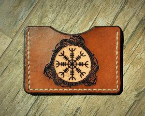 Helm of Awe Handmade Leather Card Wallet in Warm Brown With Natural Tan Stitching